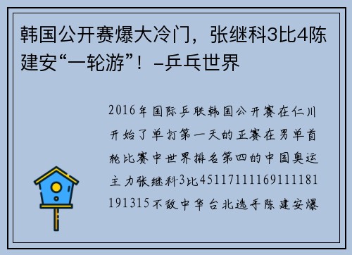 韩国公开赛爆大冷门，张继科3比4陈建安“一轮游”！-乒乓世界