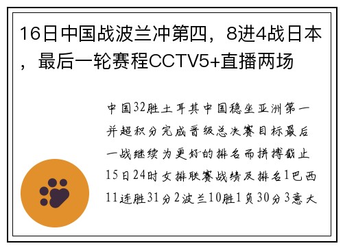16日中国战波兰冲第四，8进4战日本，最后一轮赛程CCTV5+直播两场